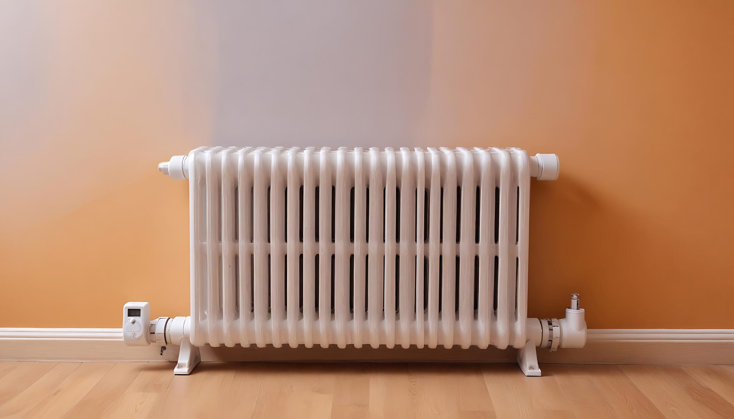 A white radiator is mounted on an orange wall above a light wood floor, part of the recent bathroom installations. A small thermostat device is visible near the bottom of the radiator on the left side.