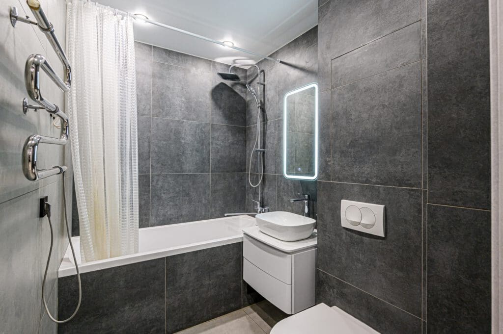 interior apartment room bathroom, sink, decorative elements, toilet. WC, sanitary unit, wash room