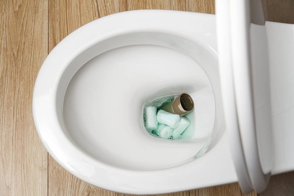 An open toilet with a cardboard toilet paper roll and a few green cleaning tablets or blocks inside, set against a light wood floor.